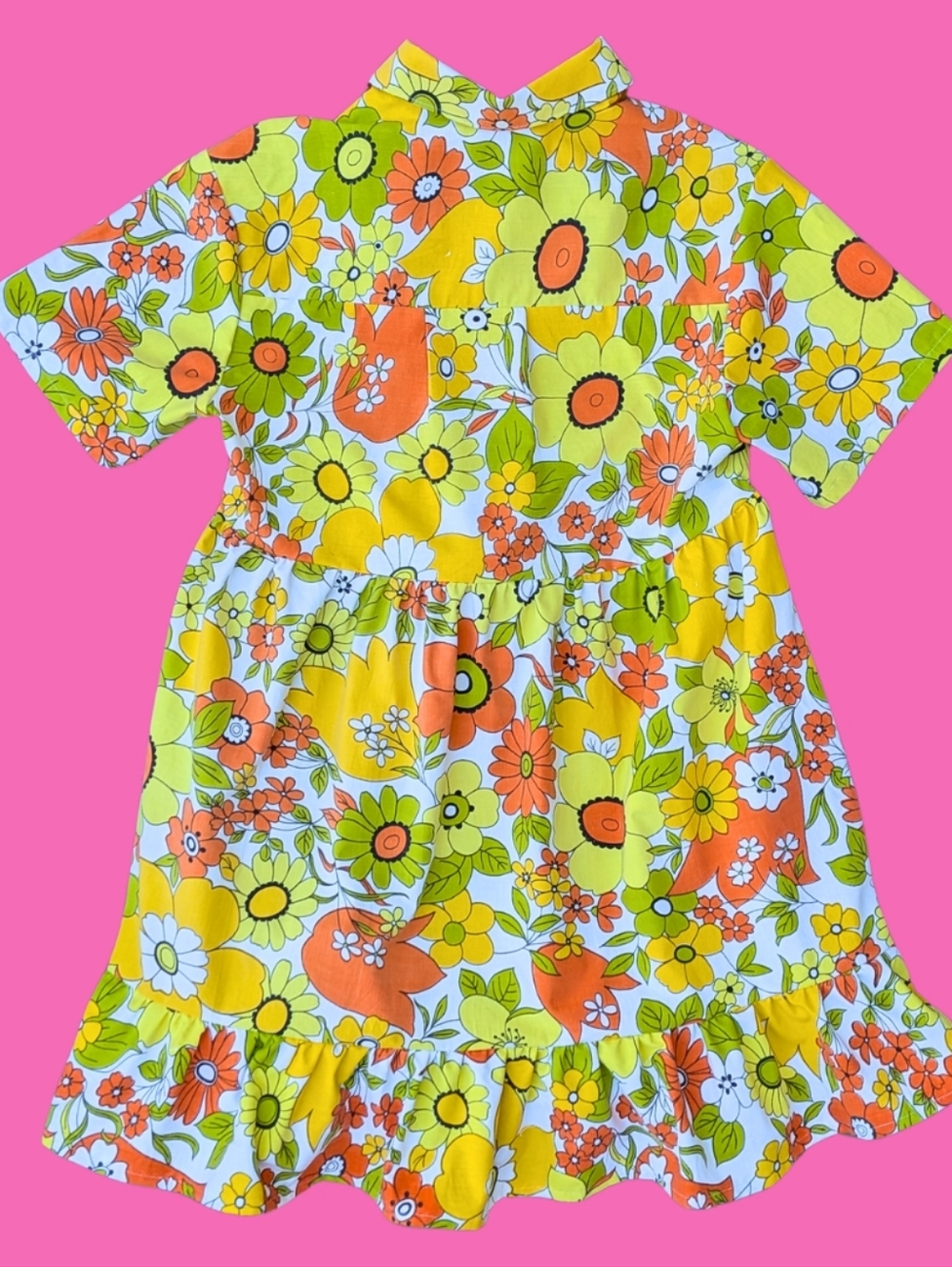 Handmade, Upcycled Vintage Yellow, Orange Floral Bedsheet Dress Size M - Picture 2 of 4